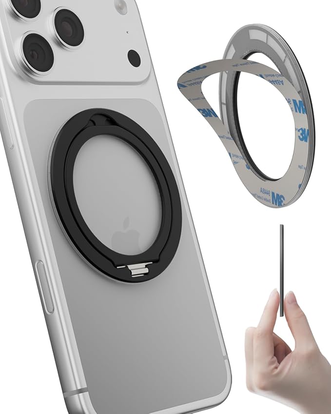 SEMBO Magnetic Phone Ring Holder for MagSafe, 0.1'' Ultra Thin 360° Rotation Cell Phone Grip Stand Finger Ring Kickstand Compatible with iPhone 17 Pro Max 16 15 14 13 12 MagSafe Accessories (Black)