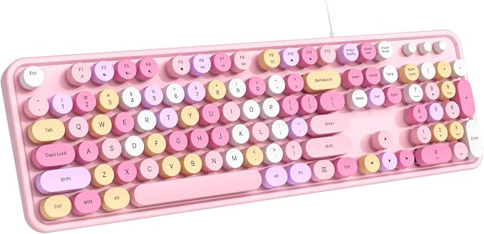 Dilter Wired Keyboard, 104 Keys Full-Sized Typewriter Keyboards, USB Plug and Play Office Keyboard with Number Pad, Caps Indicators, Foldable Stands for Windows, PC, Laptop (Pink Colorful)