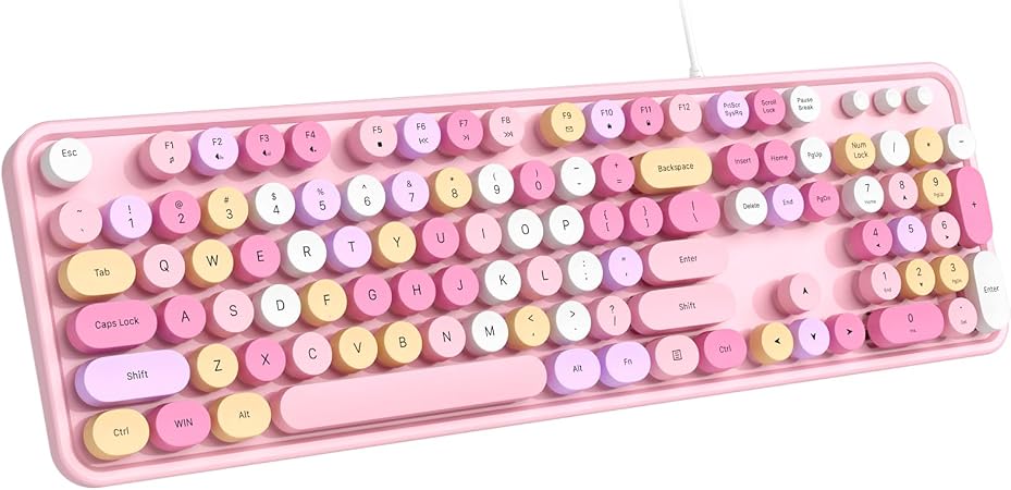 Dilter Wired Keyboard, 104 Keys Full-Sized Typewriter Keyboards, USB Plug and Play Office Keyboard with Number Pad, Caps Indicators, Foldable Stands for Windows, PC, Laptop (Pink Colorful)