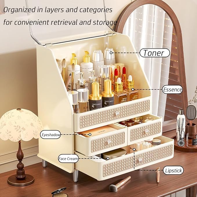Large Cosmetic Storage Box Dustproof And Waterproof. Display Case with Drawers Countertop Vanity Organizer for Skincare, Lipsticks, Perfume – Bathroom Cosmetic Storage Display Box (White)