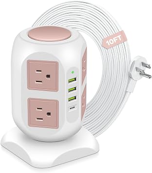 Rose Gold Power Strip Flat Plug, 8 Outlets 4 USB Ports