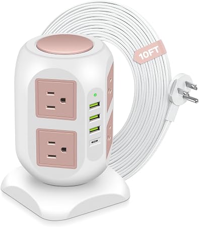 Rose Gold Power Strip Flat Plug, 8 Outlets 4 USB Ports