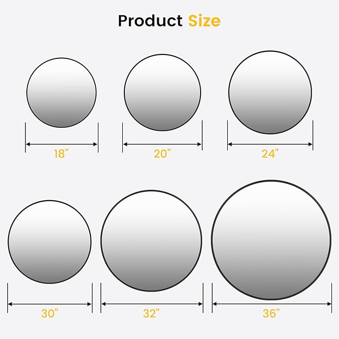 36 in Round Mirror for Wall, Black Metal Frame Circle Mirror, Round Bathroom Mirror for Wall Decor, Mirror for Entryway, Vanity, Bedroom, Easy to Install