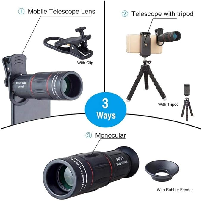 Phone Camera Lens Kit,4 in 1 Cell Phone Camera Lenses Kit - 18X Telescopic Lens + 198° Fisheye Lens + 0.36 Super Wide Angle Lens 15X Macro Lens