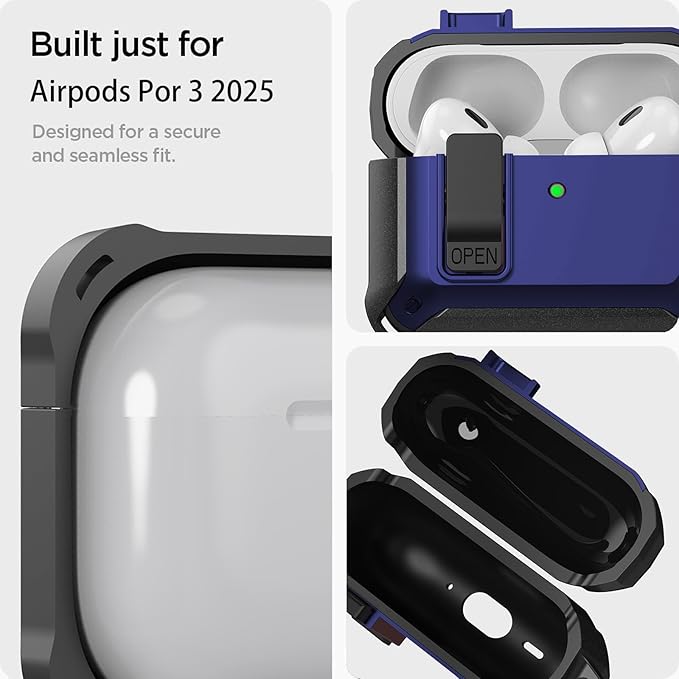 for Airpods Pro 3 Case with Lock Clip, Rugged Apple Airpods Pro 3rd Generation Cover 2025 Men Women, Armor Shockproof iPod Pro3 Gen Protective Hard Shell with Carabiner&Cleaner kit, Black/Blue
