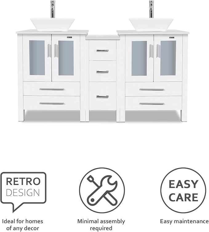 eclife 60" Modern Bathroom Vanity Sink Combo Freestanding Cabinet with Small Side Cabinet, White Square Ceramic Vessel Sink, Water Save Faucet, Drain (White+A07)
