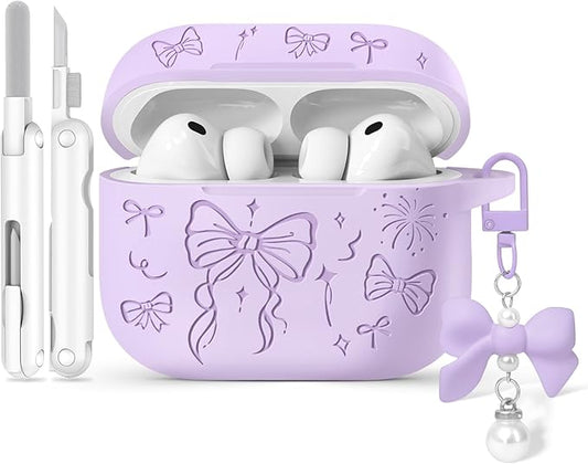 for Airpods Pro 3 Case Cover, Joremx Cute Bow Engraved Silicone Protective Case Cover with Keychain, Cleaner Kit for Airpods Pro 3rd Generation (2025) (Light Purple)