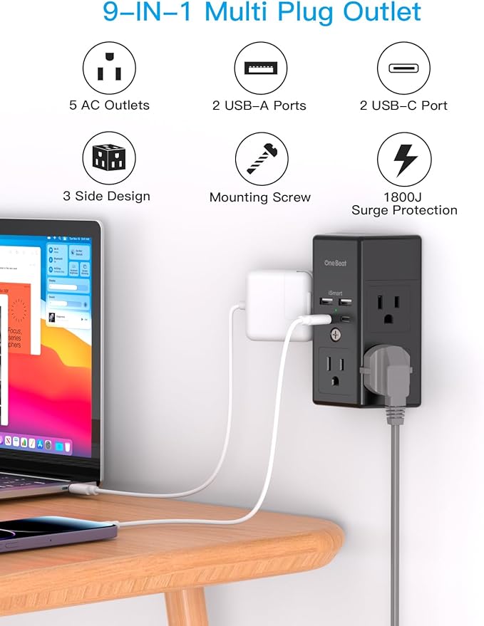 Multi Plug Outlet, Surge Protector, 5 Outlet Extender with 4 USB Ports (2 USBC), PD 20W USB Wall Charger, 3-Sided 1800J Power Strip Outlets Splitter Wall Plug Adapter Spaced for Home Office, Black