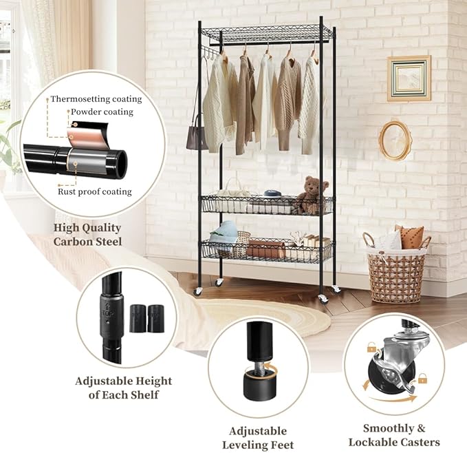 Clothes Rack | Adjustable Closet Shelves | Heavy Duty Rolling Garment Rack | Freestanding Clothing Rack | Closet Organizers and Storage | Clothing Racks for Hanging Clothes.