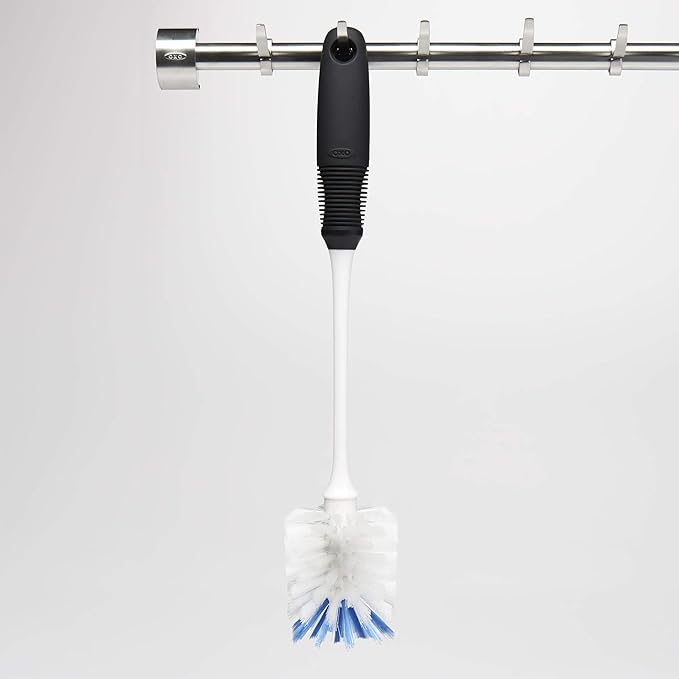 OXO Good Grips Bottle Brush, Dual-Bristle Cleaning for Bottles, Pitchers and Carafes, Flexible Neck Scrub Brush, Safe for Stemware and Delicate Glassware, Dishwasher Safe