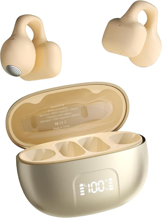 Clip On Earbuds,Open Ear Headphones Mini Bone Conduction Headphones IPX6 Waterproof Bluetooth Earbuds, Bluetooth 5.4 Ear Clip Earphones for Running Walking, Workout - Beige