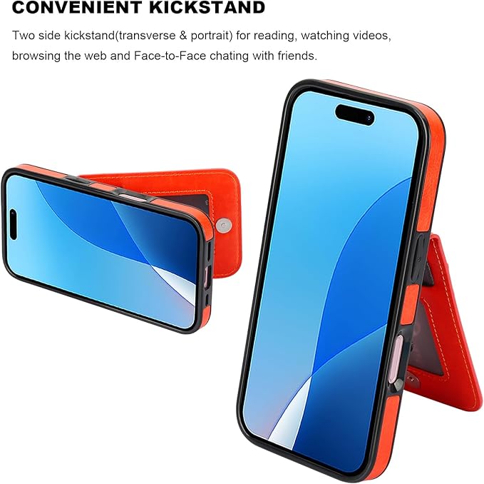 KIHUWEY Compatible with iPhone 16 Case Wallet with Credit Card Holder, Flip Premium Leather Magnetic Clasp Kickstand Heavy Duty Protective Cover for iPhone 16 6.1 Inch (Orange)