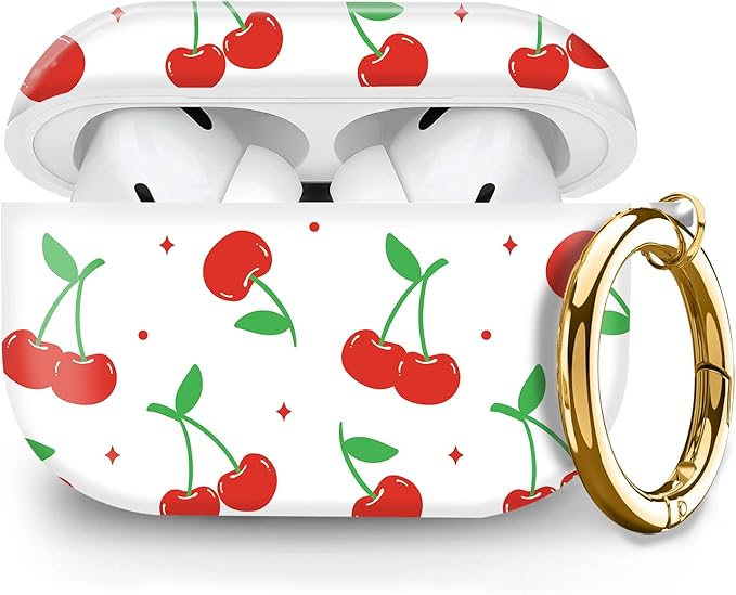 Cute Hard Case Compatible with AirPods Pro 2nd/1st Generation, Protective Cover with Golden Keychain, Fits 2023/2022/2019 Models, for Women, Girls, and Men(Retro Cherry with Bow)