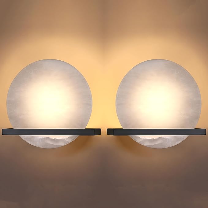 2 Pack 1 Light 8" Round Natural Alabaster Bathroom Wall Sconce Modern Concise Style Wall Light Fixture,Black Finish for Bedroom Hallway Bedside Living Room
