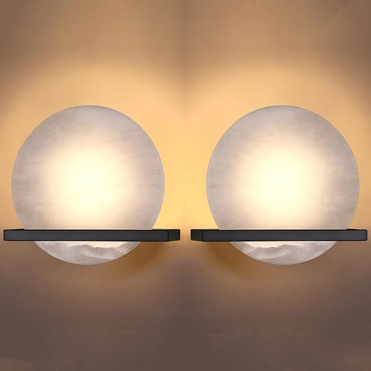 2 Pack 1 Light 8" Round Natural Alabaster Bathroom Wall Sconce Modern Concise Style Wall Light Fixture,Black Finish for Bedroom Hallway Bedside Living Room