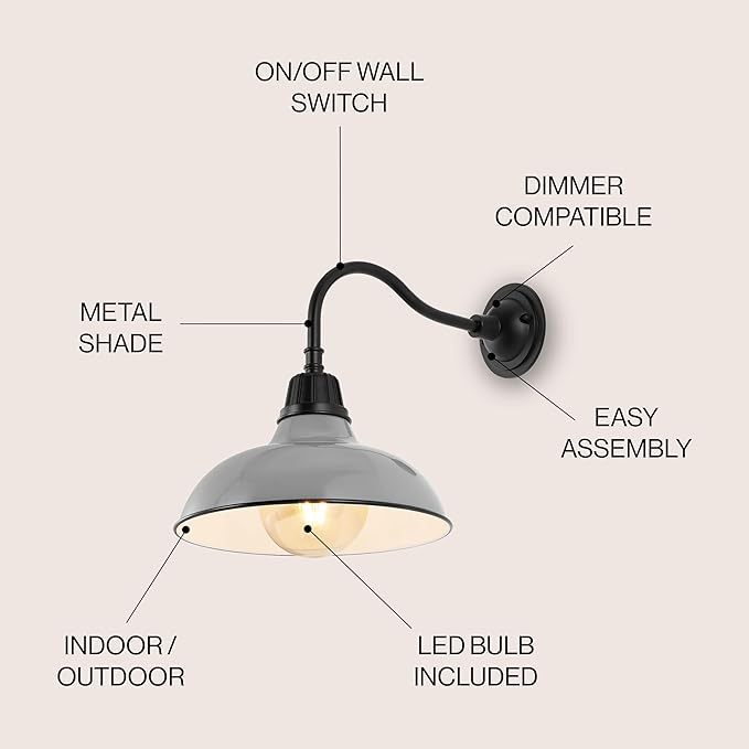 JONATHAN Y JYL7613D Aurora 12.25" 1-Light Farmhouse Industrial Indoor/Outdoor Iron LED Gooseneck Arm Outdoor Sconce Metal Bowl Shade Vintage Cottage Rustic Porch Patio Yard Barn, Gray