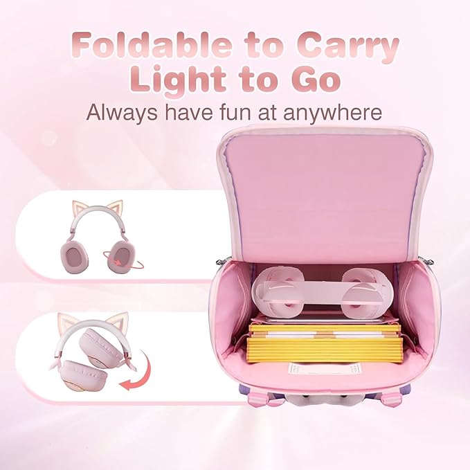 Cat Ear Headset, Kids Headphone Volume Limited 85dB, Wireless Bluetooth Over-Ear/On-Ear Foldable Headphone with Built-in Mic for Girls in Travel School with Phone Tablet Laptop PC PS4, Xbox