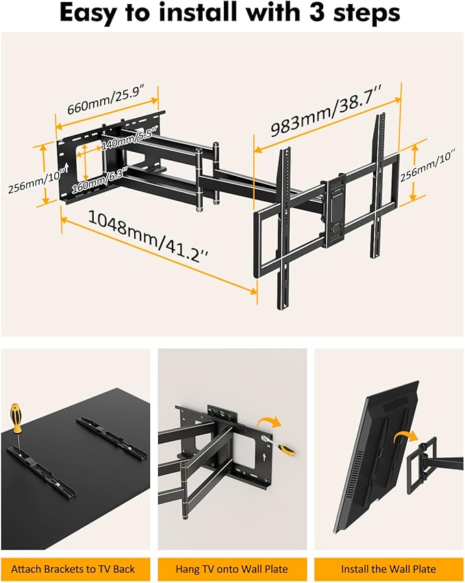 FORGING MOUNT Heavy Duty XXL Long Arm TV Wall Mount for 55-120 inch Extra Large TVs, Holds 264 lbs, Full Motion TV Mount with 42" Dual Articulating Arms Swivel,Tilt,12-24” Studs, Max VESA 900x600