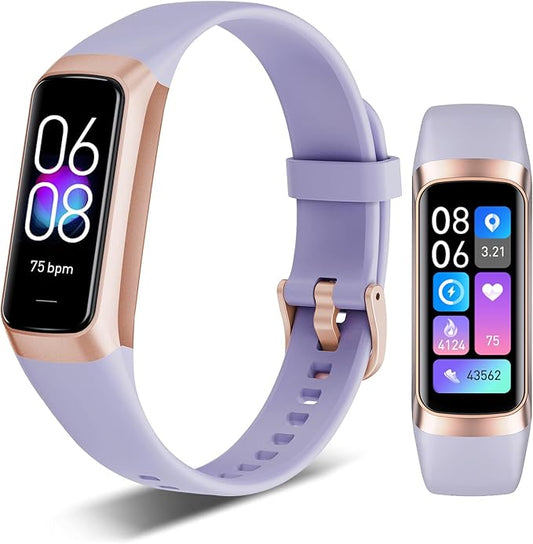 Fitness Tracker, 24/7 Heart Rate Blood Oxygen Blood Pressure Body Temp Monitor Sleep Calorie Tracker with 1.1" AMOLED Touch Color Screen Pedometer Smart Watch Waterproof for Women Men (Purple)
