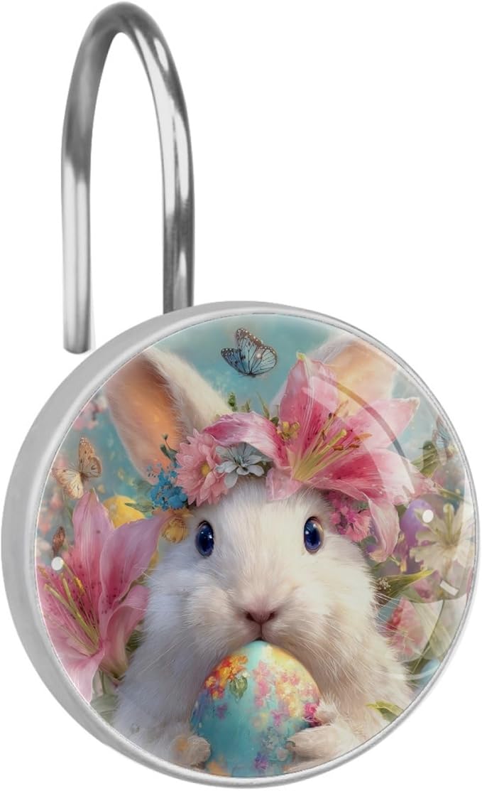 Easter Rabbit and Flowers Shower Curtain Hooks 12Pcs, Decorative Rust Resistant Shower Rings for Shower Curtain Rods, Stainless Steel Round Curtain Hooks for Bathroom, Bedroom, Farmhouse