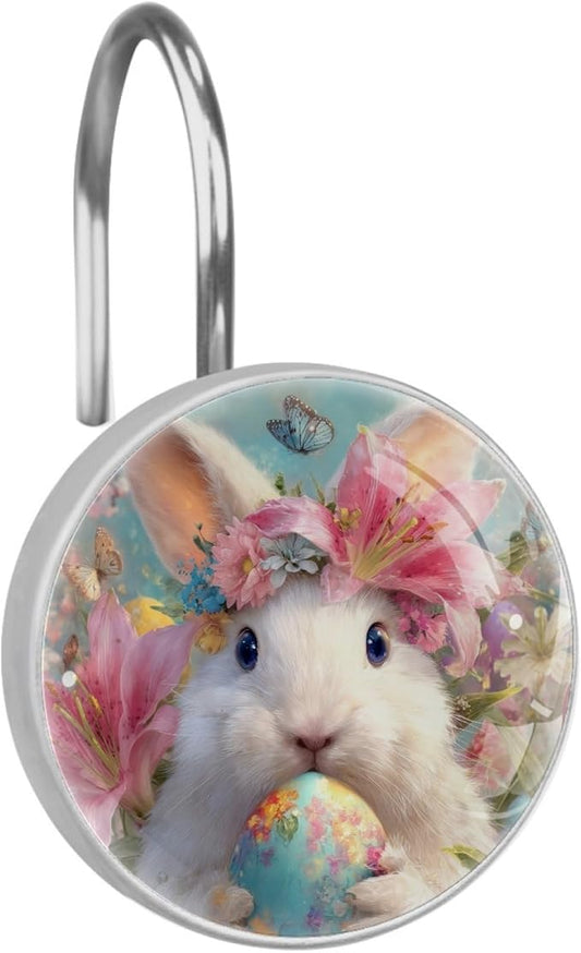 Easter Rabbit and Flowers Shower Curtain Hooks 12Pcs, Decorative Rust Resistant Shower Rings for Shower Curtain Rods, Stainless Steel Round Curtain Hooks for Bathroom, Bedroom, Farmhouse