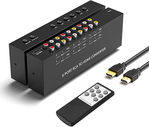 6 Port RCA to HDMI, 1080P/720P 6 Way AV to HDMI Converter Composite CVBS AV Switch to HDMI Converter Adapter Support 4:3/16:9 Switching, for Sega Xbox PS2 PS3 N64 NGC SNES WII VHS VCR Camera