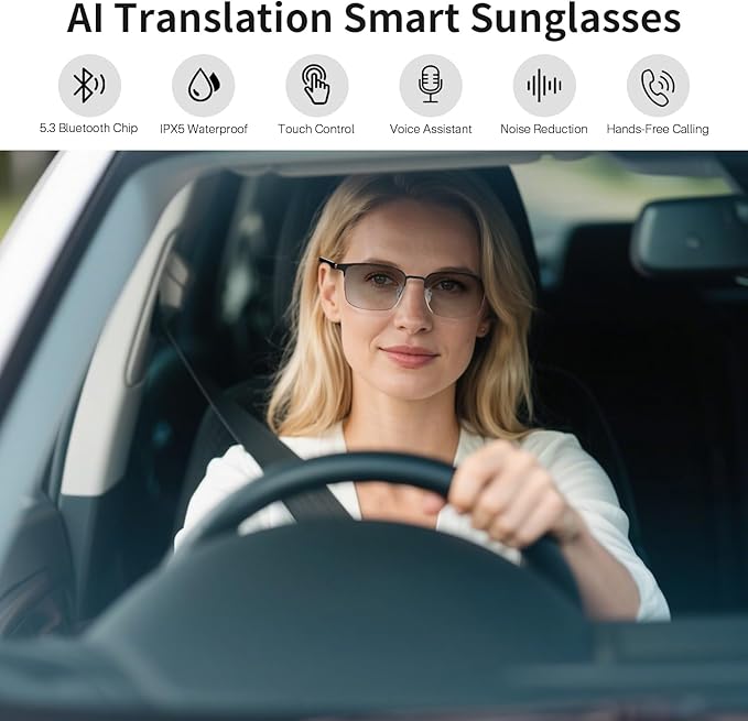 AI Smart Glasses with ChatGPT, Bluetooth Glasses for Women & Men, Photochromic Lenses, Real-Time Translation in 160+ Languages via APP, AI Glasses with Speakers for Indoor Outdoor (Silver)