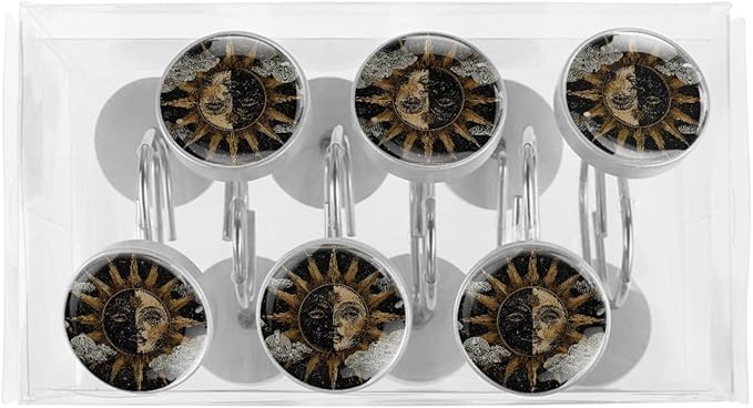 Vintage Boho Sun Shower Curtain Hooks, 12Pcs Abstract Rust Resistant Shower Rings for Shower Curtain Rods, Stainless Steel Round Curtain Hooks for Bathroom, Bedroom, Farmhouse
