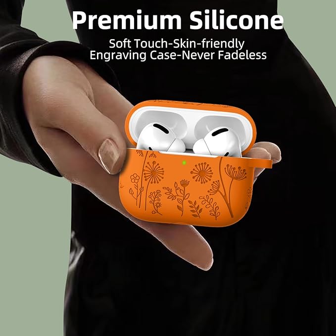 Lerobo Flower Engraved Cover for Airpod Pro 2/Pro Case Cover, Cute Soft Silicone Skin Full Protective case for Airpods Pro 2nd Generation/1st Generation with Keychain Orange