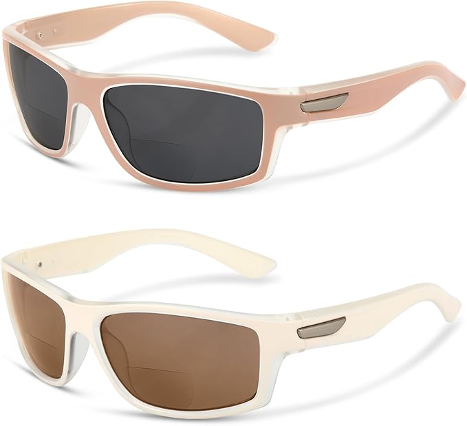 Missfive 2-Pack Bifocal Sunglasses with Readers Built In Sporty Upgraded Wrap Frame, UV400 Protection Driving & Reading Glasses for Outdoor +1.5 (Soft-Tone)