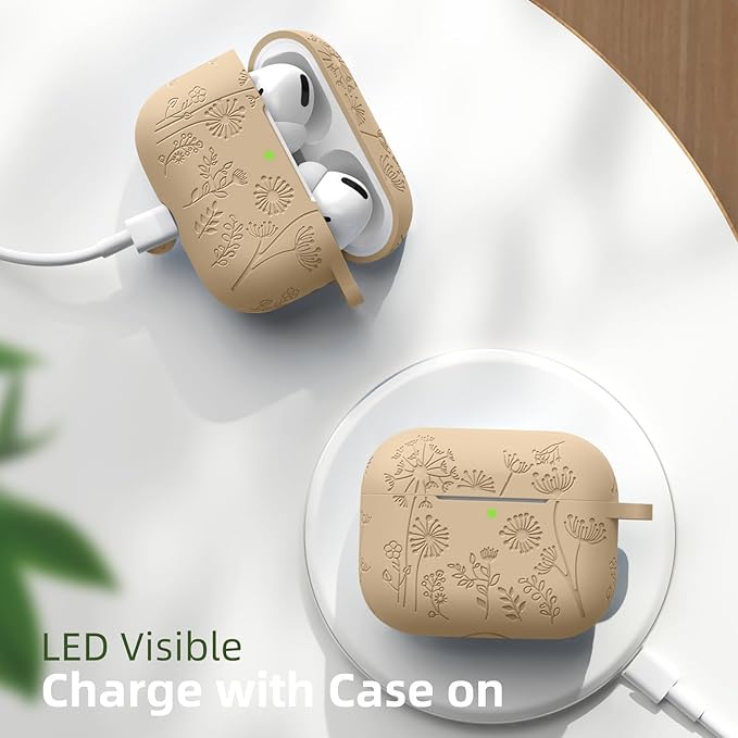 Lerobo for AirPods Pro 2nd/1st Gen Silicone Skin Cover - Cute, Flower Engraved, Full Protective Case Compatible with Apple AirPod Pro/Pro 2 - Front LED Visible, Milk Tea