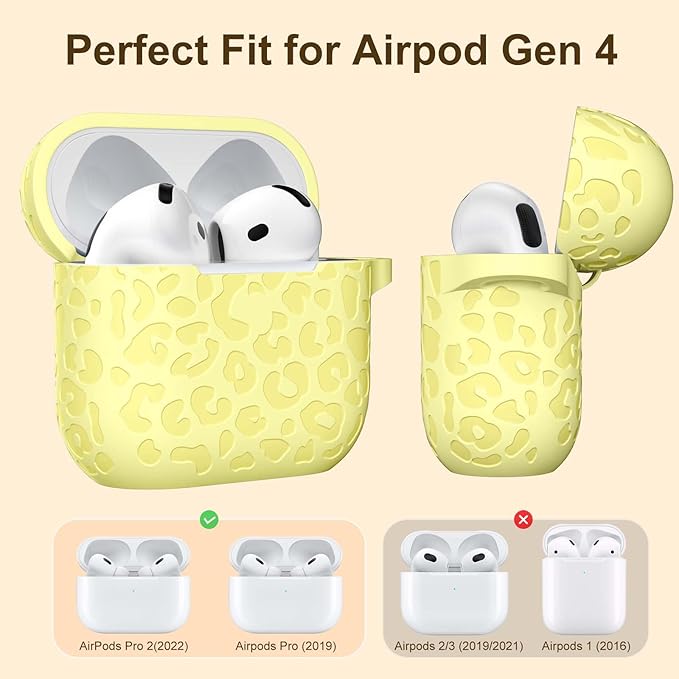 Leopard Engraved for AirPods 4 Case Cover 2024,Soft Silicone Protective Case Compatible with Apple AirPods 4th Generation Case for Women,Cute AirPod 4 Case Accessories with Keychain,Yellow