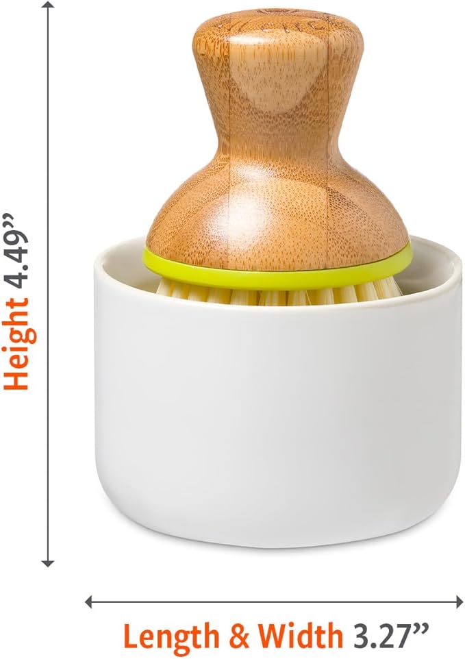 Full Circle Bubble Up- Eco-Friendly Bamboo Dish Brush & Ceramic Soap Dispenser - Natural Scrub Set for Dishes, Cast Iron - Kitchen Cleaning with Handle, White - 2 Pack