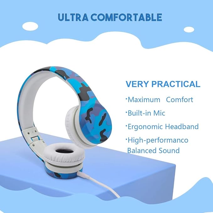 Kids Headphones with Cord, Toddler Headphones with Sharing Function, 85dB/93dB Safe Volume Limit, for Toddler Children Baby Boys Girls On-line Study, School, Travel use (camo Blue)