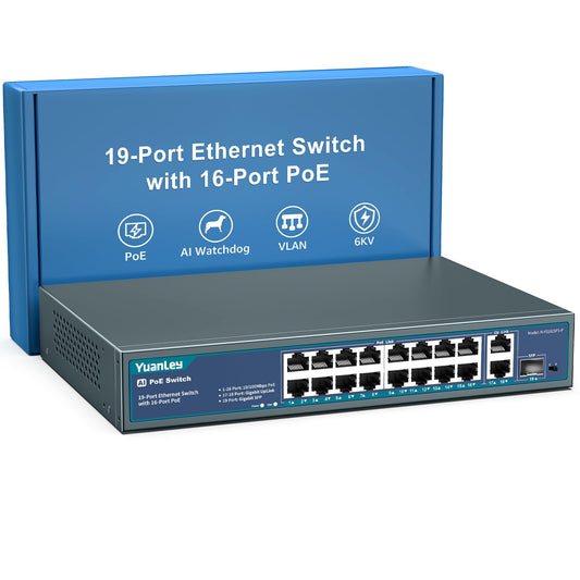 YuanLey 16 Port PoE Switch with 2 Gigabit Ethernet Uplink, 1 SFP Port, 250W PoE+ Port Support 802.3af/at, Unmanaged Network Switch with AI Watchdog, VLAN, 6KV Protection, Rackmount Plug and Play