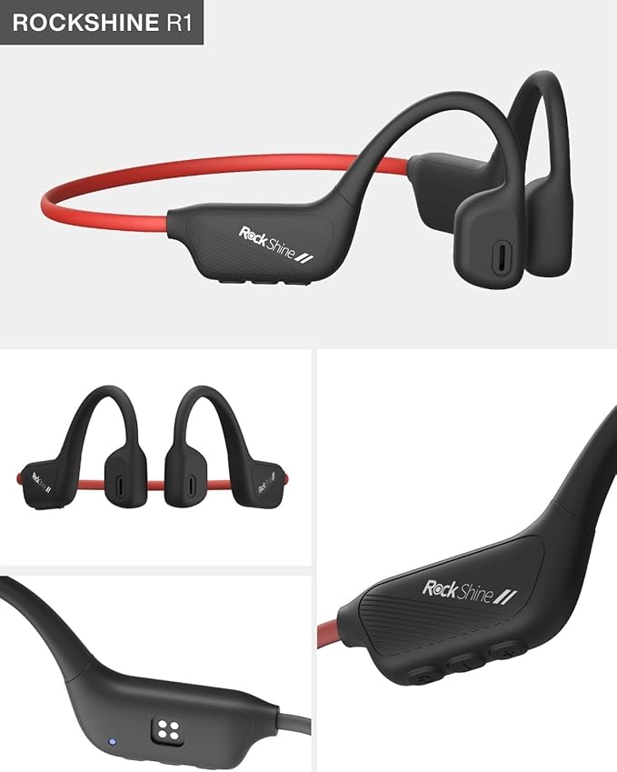 R1 Open Ear Headphones, Bone Conduction Running Headphones Bluetooth 5.3, 12H Battery Sweatproof & Water-Resistant, Wireless with Mic for Cycling, Workout,Sports-Deep Bass Sound (Black+RED)