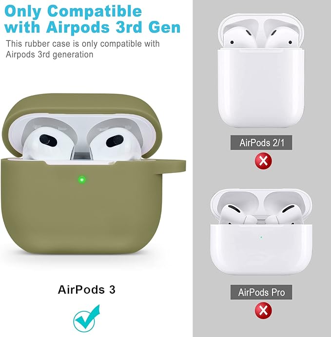 Silicone Compatible with AirPods 3 Case 2021, Gawnock Soft Case Compatible with AirPods 3rd Generation Cover for Women Girls with Keychain - Army Green
