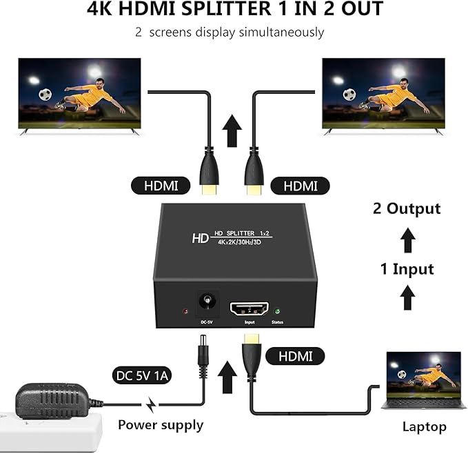 4K 1x2 HDMI Splitter1 in 2 Out, 2 Port Powered hdmi Splitters 4K@30Hz Dual Monitors Duplicate/Mirror (Not Extend) for PS4 /HDTV/Projector