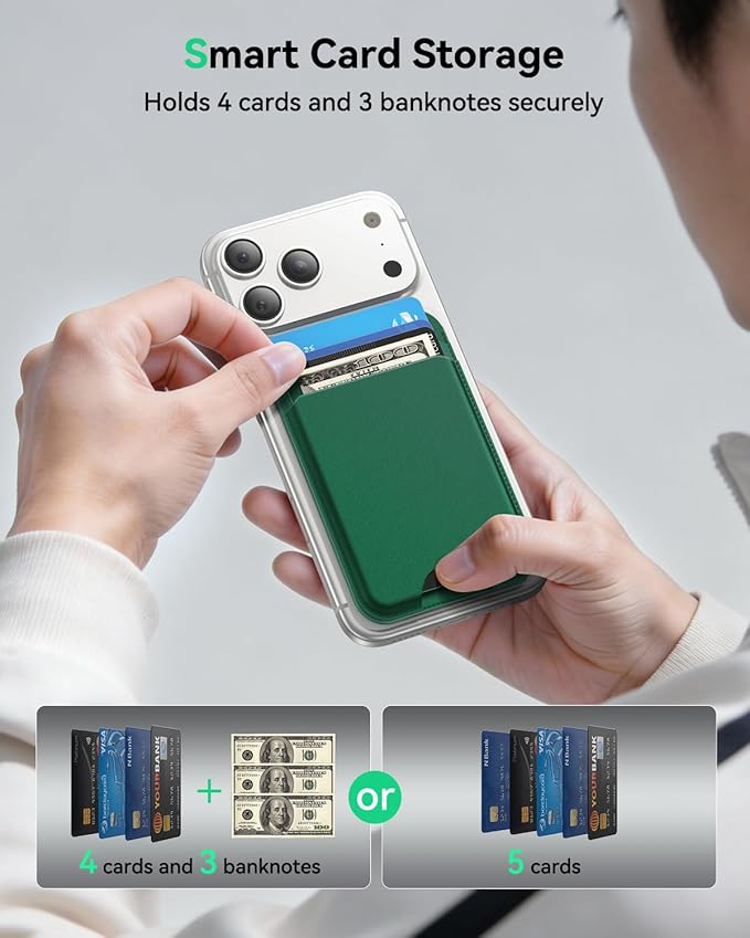 for MagSafe Wallet with Stand, 5 Card Holder, Slim Leather Magnetic Wallet for iPhone 17/16/15/14/13/12 Pro Max Plus Air Series, 3 Card Slots & 1 Cash Slot,Green
