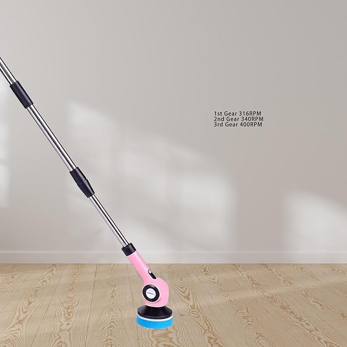 Electric Spin Scrubber, Cordless Power Scrubber Brush, Extendable Handle with 8 Brush Heads & 2 Speed IPX7, Ideal for Shower, Bathtub, Tile & Kitchen, Pink