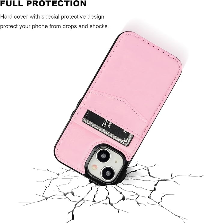 KIHUWEY Compatible with iPhone 15 Case Wallet with Credit Card Holder, Flip Premium Leather Magnetic Clasp Kickstand Heavy Duty Protective Cover for iPhone 15 6.1 Inch (Pink)