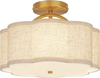 CALOKES Semi Flush Mount Ceiling Light, 11.8" Modern 3-Light Fixture with Petal-Shaped Cream Beige Linen Shade and Golden Support Arm, Ideal for Bedroom, Kitchen, Living Room, Hallway, and Entryway - Image 1