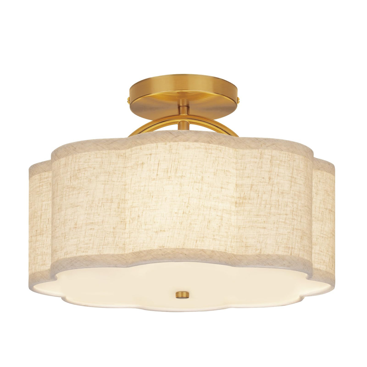 CALOKES Semi Flush Mount Ceiling Light, 11.8" Modern 3-Light Fixture with Petal-Shaped Cream Beige Linen Shade and Golden Support Arm, Ideal for Bedroom, Kitchen, Living Room, Hallway, and Entryway