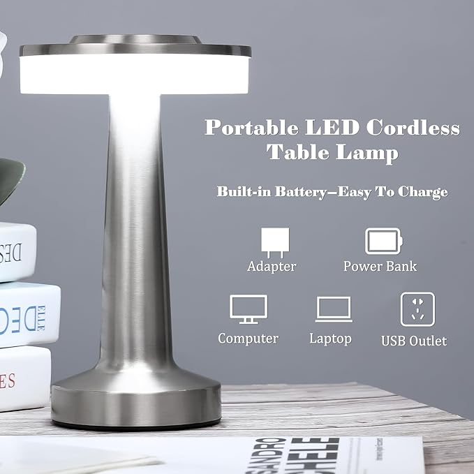 VIHOSE 8 Pcs Silver Cordless Table Lamps LED Portable Rechargeable Table Lamp with Touch Sensor 3 Color Dimming up to 15 Hours Battery Desk Light for Restaurant Nursery Living Room