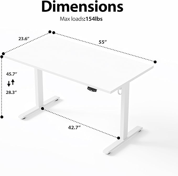 Agilestic Height Adjustable Electric Standing Desk, 55 x 24 Inches Stand Up Desk, Ergonomic Raising Computer Table with Memory Preset Button, Two-Piece Desktop, White