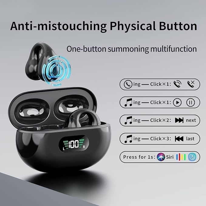 Open Ear Bone Conduction Headphones Bluetooth 5.3 Wireless Clip On Earbuds with Digital Display Charging Case 60 Hours Playtime Sport Earphones Built-in Mic IPX7 Waterproof for Running Fitness