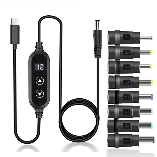 USB C to DC 5V/9V/12V/15V/20V Cable with 8 DC Conversion Heads and LED Display Screen, USB to DC Power Cable for use with PD Charger and PD Power Bank for Speakers, routers, laptops (3.9ft)