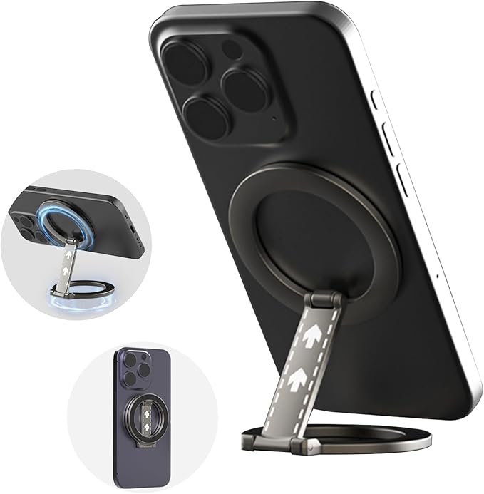 CCSmall Double Sided Magnetic Phone Grip Holder for MagSafe Accessories, Detachable Magnetic Phone Finger Ring Stand Adjustable Kickstand for iPhone 16/15/14/13/12/Samsung/Google 9D Black