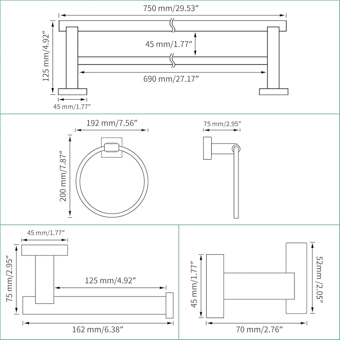 Miyili 5-Piece Bathroom Hardware Kit Set Brushed Stainless Steel Wall Mount - Includes Double Towel Bar, Hand Towel Rack, Toilet Paper Holder, 2X Robe Hook, BS02N5