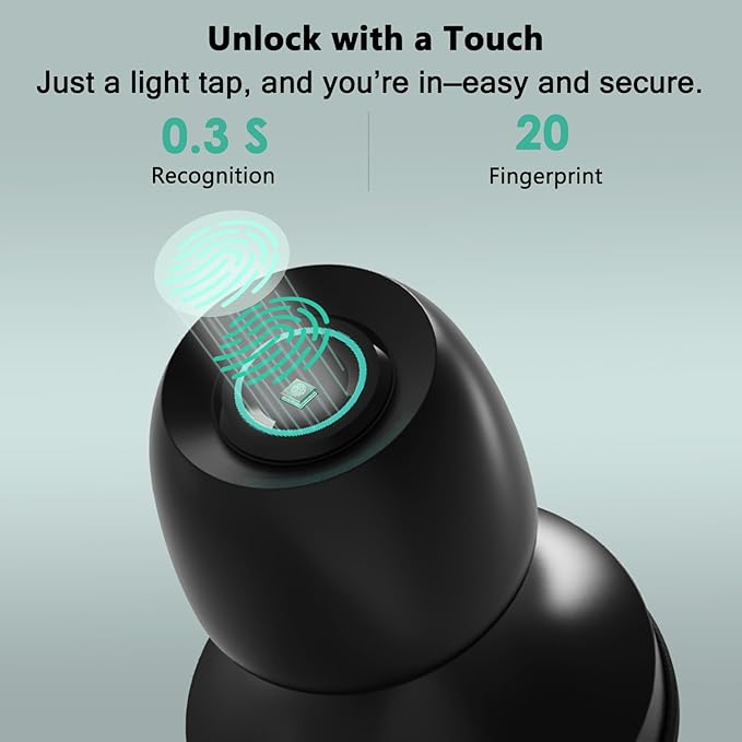 Fingerprint Smart Door Knob, Biometric Keyless Entry Door Lock with App Control & Backup Keys, Thumbprint Round Door Lock, Suitable for Home, Bedroom, Office, and Apartment Matte Black